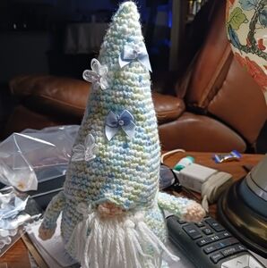 Handmade Knitted Gnome with Blue Accents